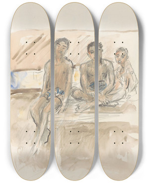 Triptych art skateboard deck of Marius Bauer Drie Jongens In Lendendoeken Zittend Op Een Muur by Marius Bauer (1867-1932)