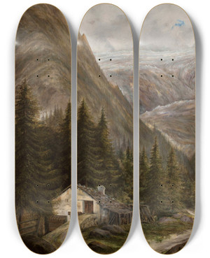 Triptych art skateboard deck of Cyprian Lachnicki Mountain Landscape With A Cottage by Cyprian Lachnicki (1824-1906)