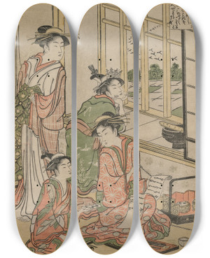 Triptych art skateboard deck of Katsukawa Shunzan Courtesans At Leisure From The Series The Six Immortal Poets by Katsukawa Shunzan (1782-1798)