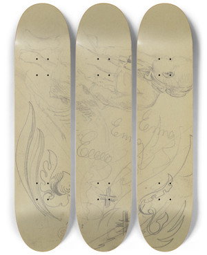 Triptych art skateboard deck of Gustav Schraegle Studienblatt Sitzendes Mdchen Mit Abgewandtem Kopf Blattornament by Gustav Schraegle (1867-1925)