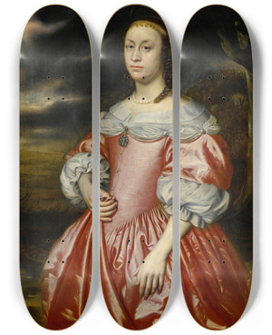 Triptych art skateboard deck of Dutch School Portrait Of Alady In A Pink Dress by Dutch School