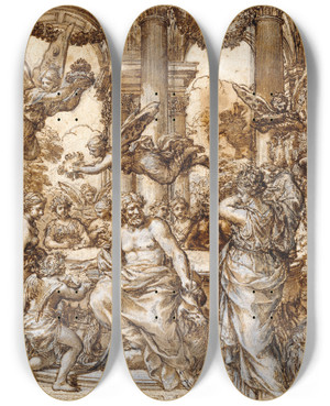 Triptych art skateboard deck of Pietro Da Cortona Cybele Before The Council Of The Gods by Pietro da Cortona (1596-1669)