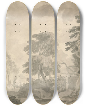 Triptych art skateboard deck of William Taverner Landscape Trees And A Distant View Of Rome by William Taverner (1700-1772)