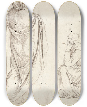 Triptych art skateboard deck of George Romney Standing Figure And Seated Figure by George Romney (1734-1802)