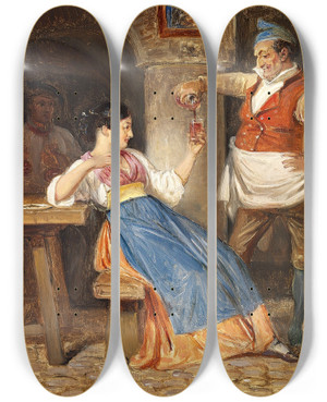 Triptych art skateboard deck of Wilhelm Marstrand Krofatter Sknker Rdvin For En Ung Italienerinde by Wilhelm Marstrand (1810-1873)