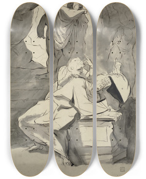 Triptych art skateboard deck of Henry Fuseli A Man In Despair Over A Tombstone In A Cave With Other Figures by Henry Fuseli (1741-1825)
