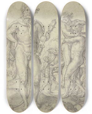 Triptych art skateboard deck of Heinrich Aldegrever Herkules Als Triumphator Herkules Und Antus Herkules Bndigt Die Rosse Des Diomedes by Heinrich Aldegrever (1502-1555)