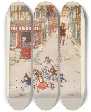Triptych art skateboard deck of Maurice Lalau The Curious Glances Of The Passersby Made Him Feel Uncomfortable by Maurice Lalau