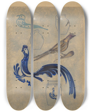 Triptych art skateboard deck of Charles Caseau Bird Decorations On Stoneware_2 by Charles Caseau (1880)