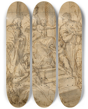 Triptych art skateboard deck of Alessandro Albini Holy Family With The Infant Saint John The Baptist And Two Male Saints by Alessandro Albini (1568-1646)