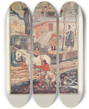 Triptych art skateboard deck of Jean De Bosschre Simple John The Horse The Cow And The Pig by Jean de Bosschre (1878-1953)