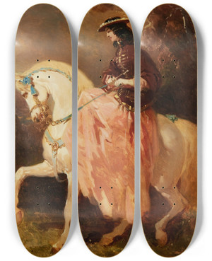 Triptych art skateboard deck of Alfred De Dreux Amazone Au Petit Canotier Veste Rouge Jupe Rose Une Cravache Sur Un Cheval Gris Aux Rubans Bleus by Alfred De Dreux (1810-1860)
