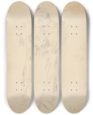 Triptych art skateboard deck of Gustv Mall Old Woman With A Hamper Study Of A Woman Carrying Twigs by Gustav Mally (1879-1952)