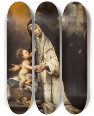 Triptych art skateboard deck of Bartolom Estebn Murillo Saint Rose Of Lima by Bartolome Esteban Murillo (1617-1682)