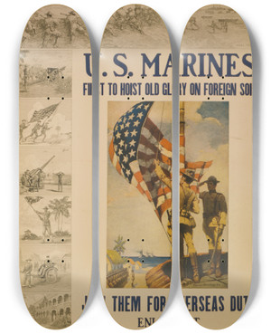 Triptych art skateboard deck of Sidney Riesenberg Us Marines First To Hoist Old Glory On Foreign Soil Join Them For Overseas Duty by Sidney Riesenberg (1885-1971)