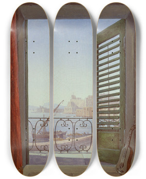 Triptych art skateboard deck of Carl Gustav Carus Balcony Room With A View Of The Bay Of Naples Via Santa Lucia And The Castel Dellovo by Carl Gustav Carus (1789-1869)