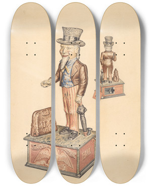 Triptych art skateboard deck of American 20Th Century Toy Bank Uncle Sam by American 20Th Century