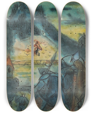 Triptych art skateboard deck of Jn Novk Below The Enchanted Castle by Jan Novak (1921-1944)