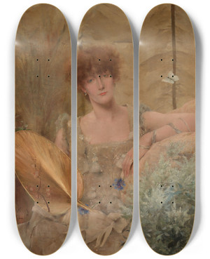 Triptych art skateboard deck of Alfred Stevens Fedora Portrait Of Sarah Bernhardt by Alfred Stevens (1817-1875)