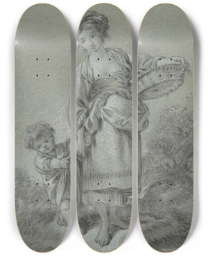Triptych art skateboard deck of Franois Boucher Woman And Boy by Francois Boucher (1703-1770)