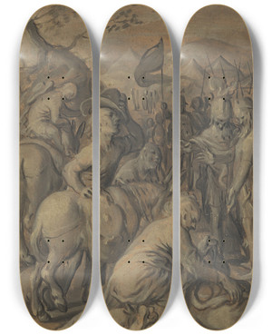 Triptych art skateboard deck of Joachim Beuckelaer The Trickery Of The Gibeonites by Joachim Beuckelaer (1530-1574)