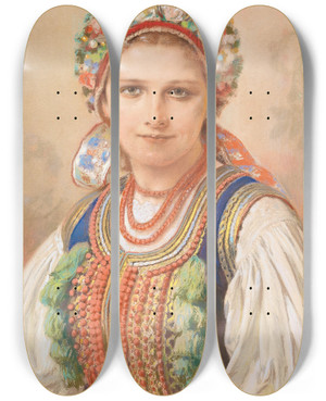 Triptych art skateboard deck of Piotr Stachiewicz Portrait Of A Woman In Polish Costume by Piotr Stachiewicz (1858-1938)