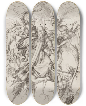 Triptych art skateboard deck of Martin Schongauer Saint Anthony Tormented By Demons by Martin Schongauer (1435-1491)