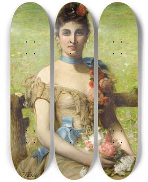 Triptych art skateboard deck of Lon Herbo Portrait Of Lady Holding A Posey by Leon Herbo (1850-1907)