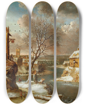 Triptych art skateboard deck of Jan Abrahamsz Beerstraaten Winter Landscape With Skaters On A Frozen River by Jan Abrahamsz Beerstraaten (1622-1666)