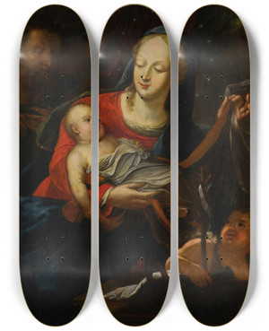 Triptych art skateboard deck of Jacob Carl Stauder Holy Family With The Infant St John The Baptist_1 by Jacob Carl Stauder (1694-1756)
