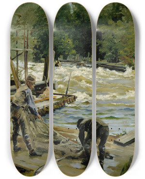 Triptych art skateboard deck of Gunnar Berndtson Salmon Fishing by Gunnar Berndtson (1854-1895)