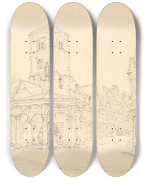 Triptych art skateboard deck of Henry Edridge Clock Tower St Albans Abbey by Henry Edridge (1769-1821)