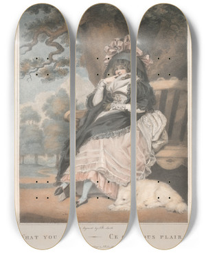 Triptych art skateboard deck of John Raphael Smith What You Will Ce Qui Vous Plaira by John Raphael Smith (1752-1812)