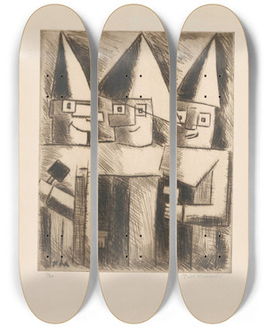 Triptych art skateboard deck of Tadeusz Makowski Masks by Tadeusz Makowski (1882-1932)