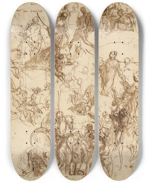 Triptych art skateboard deck of Paolo Veronese Sheet Of Studies For The Martyrdom Of Saint George by Paolo Veronese (1528-1588)