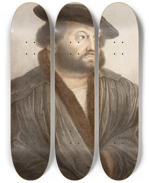 Triptych art skateboard deck of Francesco Bartolozzi Portrait Of Hans Holbein At Kensington Palace by Francesco Bartolozzi (1727-1815)