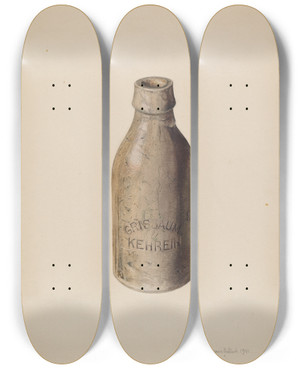 Triptych art skateboard deck of Herman O Stroh Stoneware Beer Bottle by Herman O Stroh