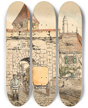 Triptych art skateboard deck of Egon Schiele Stadttor Mit Kutsche Schlerarbeit by Egon Schiele (1890-1918)