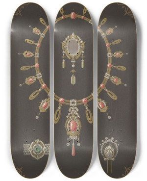 Triptych art skateboard deck of Martin Gerlach Four Designs For Jewelry Including Large Necklace With Pink Stones by Martin Gerlach (1846-1918)