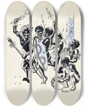 Triptych art skateboard deck of F Ockerse Nieuwguinees Volk Dansend Rond Een Totempaal by F Ockerse (20-)