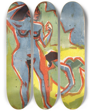Triptych art skateboard deck of Ernst Ludwig Kirchner Bathing Women Moritzburg by Ernst Ludwig Kirchner (1880-1938)