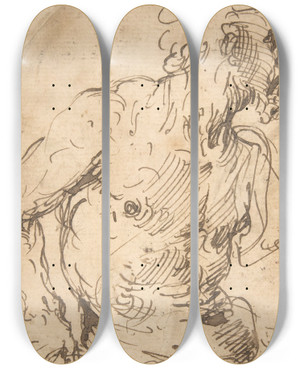 Triptych art skateboard deck of Francisco Herrera The Elder Study Of A Seated Nude Bearded Man In Halflength by Francisco Herrera The Elder (1576-1656)