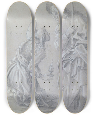 Triptych art skateboard deck of Filippino Lippi Kneeling Saint Mary Magdalene And Standing Christ by Filippino Lippi (1457-1504) Triptych art skateboard deck of Filippino Lippi Kneeling Saint Mary Magdalene And Standing Christ by Filippino Lippi (1457-1504)