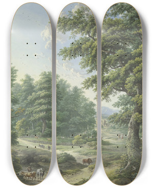 Triptych art skateboard deck of Karl Franz Kraul Umzunter Weideplatz Im Wald Im Vordergrund Eine Viehtrnke by Karl Franz Kraul (1754-1796)