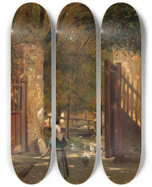 Triptych art skateboard deck of Eduard Majsch Sweeping The Courtyard by Eduard Majsch (1841-1904)