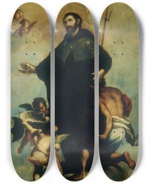 Triptych art skateboard deck of Miguel Cabrera Saint Francis Xavier by Miguel Cabrera (1695-1768)