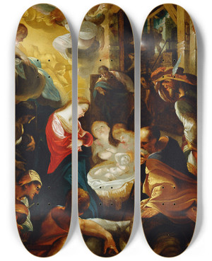 Triptych art skateboard deck of Joseph Heintz The Adoration Of The Shepherds by Joseph Heintz