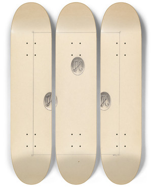 Triptych art skateboard deck of Michael Fenga Buttons by Michael Fenga (20-)