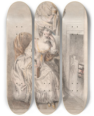 Triptych art skateboard deck of Elias Martin Young Woman By A Fire Reading A Book by Elias Martin (1739-1818)