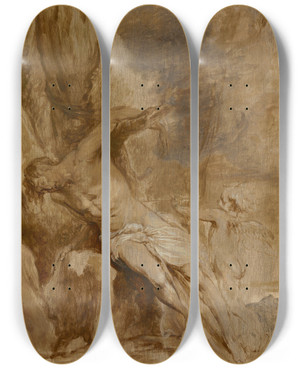 Triptych art skateboard deck of Anthony Van Dyck Saint Sebastian Tended By An Angel by Anthony Van Dyck (1599-1641)